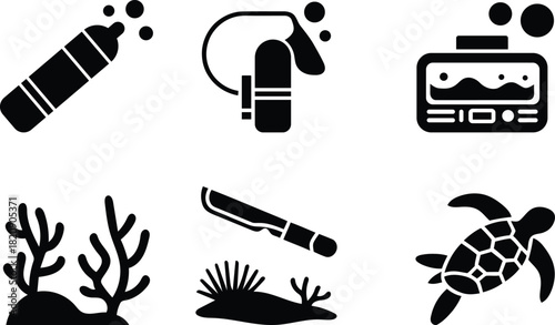 Scuba diving equipment icons set in black and white color