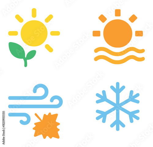 Glowing seasonal symbols representing spring, summer, fall, and winter