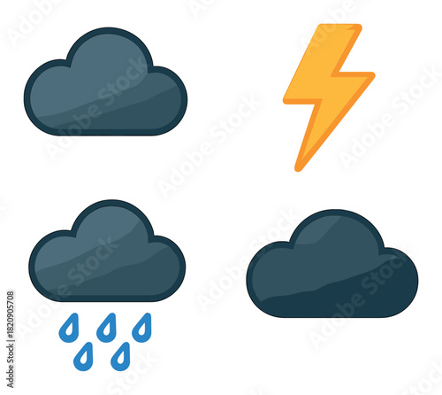 Weather icons: cloudy, rain, thunderstorm, overcast illustrations