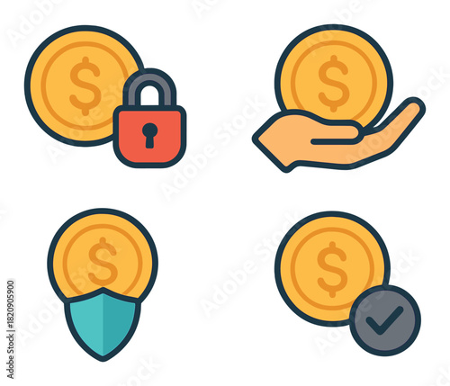 Financial security icons: lock, hand, shield, checkmark with gold coins