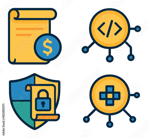 Financial contract, coding, security, and medical icons on dark background