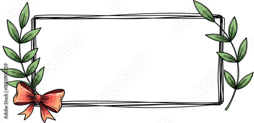 Hand-drawn rectangular frame with a red ribbon bow and green leaves, perfect for cards, invitations, and decorations