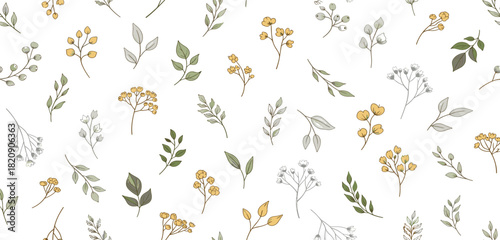 Botanical illustration of delicate yellow wildflowers and green leaves scattered across a white background, a charming seamless pattern