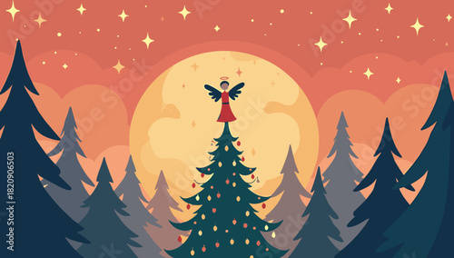 Angel tree topper shining over christmas forest at dusk