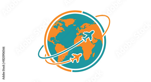 Title:
Vector illustration of globe with airplanes and flight paths in orange and teal, symbolizing global travel, aviation, and international connectivity
