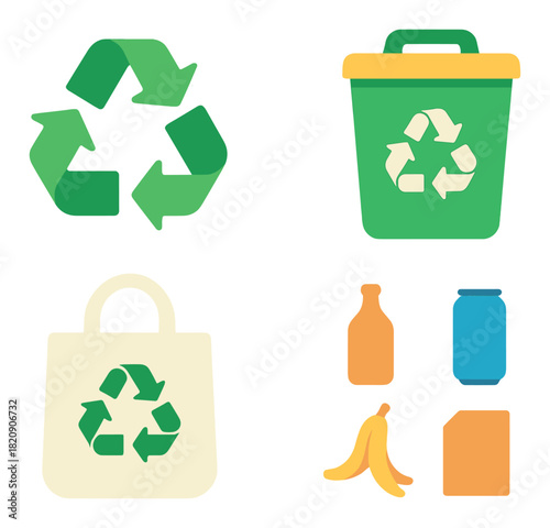 Colorful recycling icons for plastic, paper, and organic waste management