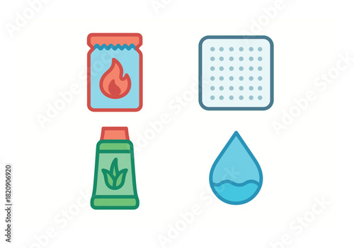 Colorful icons of fire, tile, plant, and water drop on white background