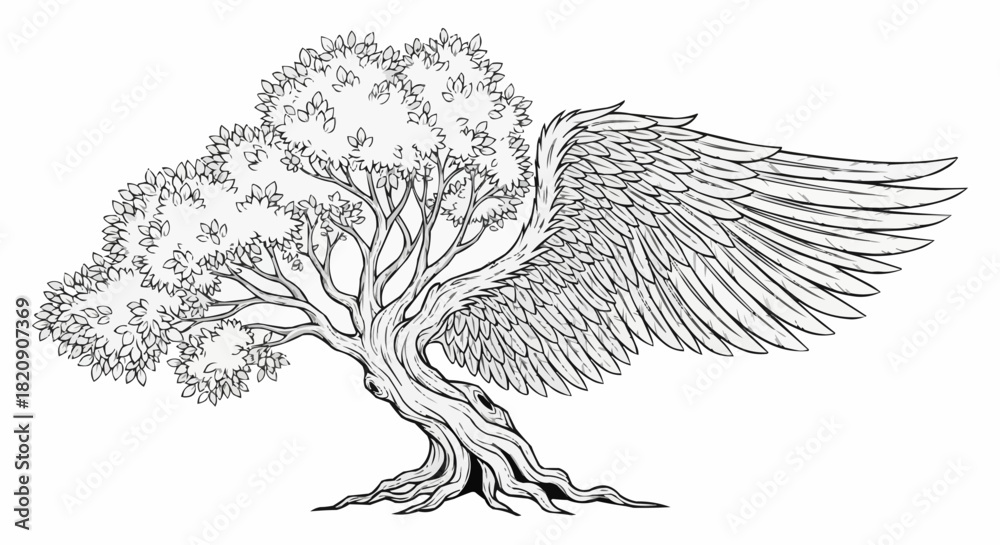 Fototapeta premium Surreal line art of a gnarled old tree growing a large angelic wing.