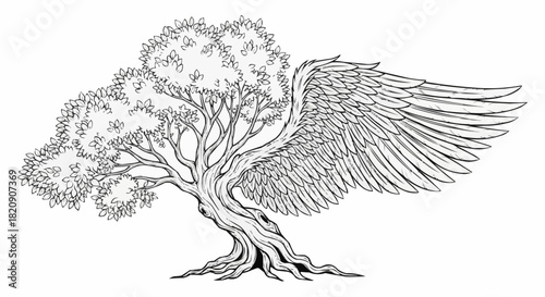 Surreal line art of a gnarled old tree growing a large angelic wing.
