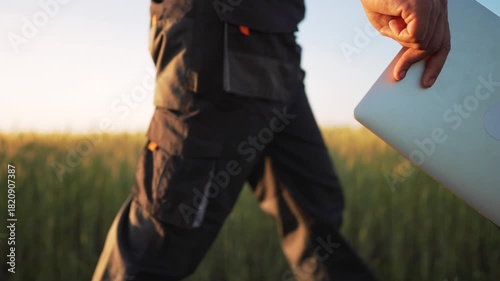 Walking with laptop through wheat field at golden hour shows farmer using technology for agriculture and agritech work inspecting crop and planning harvest with portable computer and rural life