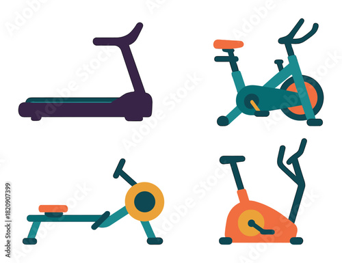 Stylized neon fitness equipment icons: treadmill, exercise bike, rowing machine