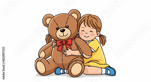 Girl embracing a large brown teddy bear with a red bow tie.