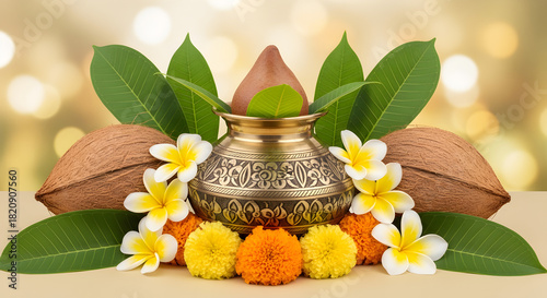 Elegant Navratri kalash background with coconut, mango leaves, floral garland and glowing golden aura. 