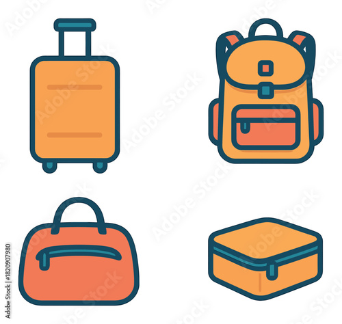 Colorful travel icons: suitcase, backpack, duffle bag, storage box