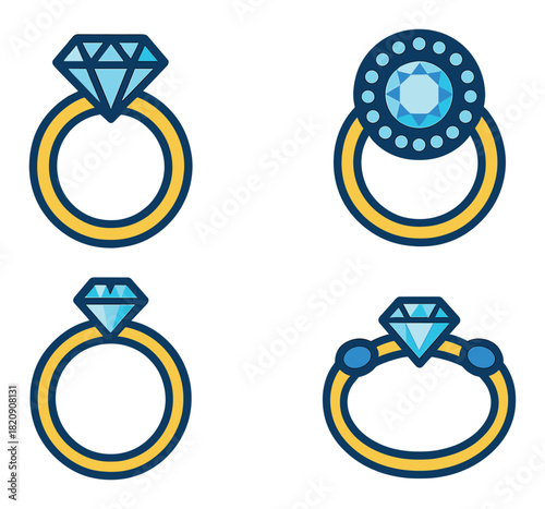 Collection of geometric diamond rings with blue gemstones and yellow bands