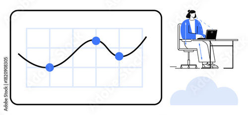 Data analysis with a line graph and a remote worker on a laptop. Data analysis helps in tracking trends and making informed decisions. For business, education, tech, analytics, development