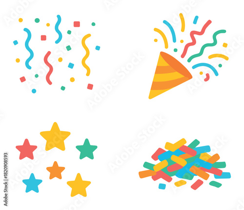 Colorful party icon set with confetti, party hat, stars, and sprinkles