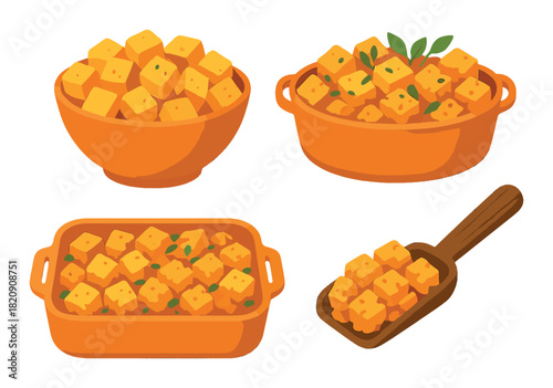 Assorted bowls and dishes of golden cubes in warm tones