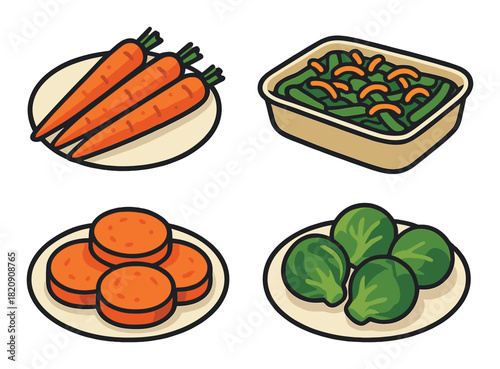 Colorful cartoon vegetables: carrots, spinach salad, sweet potatoes, brussels sprouts