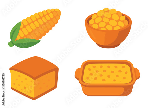 Corn icons set: cob, bowl, bread, casserole on vibrant background