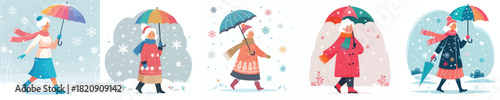 grandmother walking with umbrella in snowy atmosphere