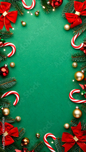 Christmas holiday border forming with fir branches, candy canes, ornaments
