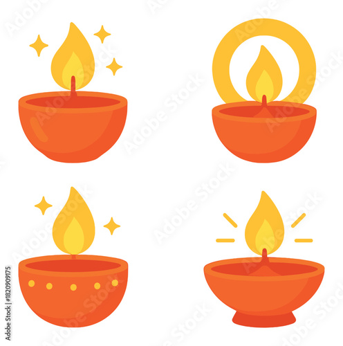 Set of four glowing decorative diwali diyas on green background