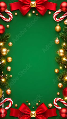 Christmas frame background with festive decorations and red bows