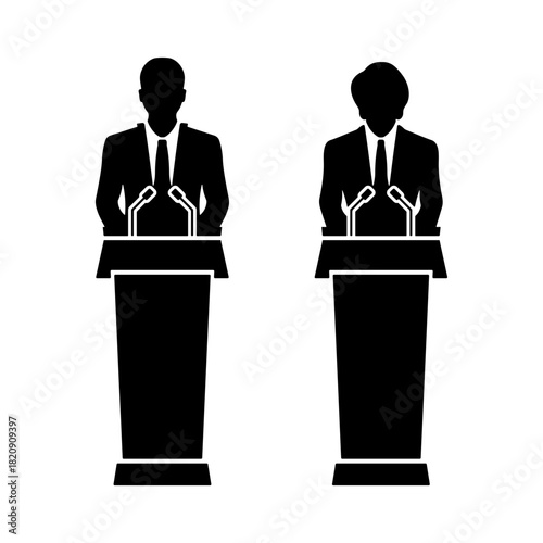 Black icons of male and female speaker standing behind podium with microphones without background