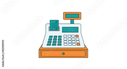 Title:
Vector illustration of cash register with keypad, receipt, and display screen, symbolizing retail transactions and point-of-sale systems
