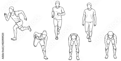 Top view CAD drawing of athletes. sprinting, jogging, walking, stretching hamstrings, bending forward, standing ready pose. Vector illustration