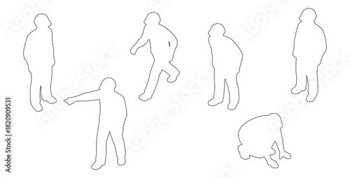 Top view CAD drawing of construction workers outline. standing, walking, bending slightly, pointing, leaning, crouching. Vector illustration