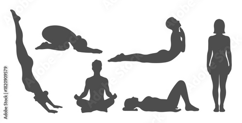 Top view CAD drawing of people in yoga poses silhouette. downward dog, child’s pose, cobra pose, sitting cross-legged, laying flat, standing mountain pose. Vector illustration