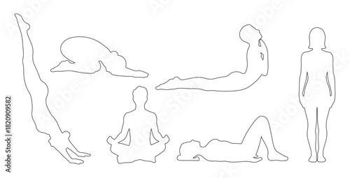 Top view CAD drawing of people in yoga poses outline. downward dog, child’s pose, cobra pose, sitting cross-legged, laying flat, standing mountain pose. Vector illustration