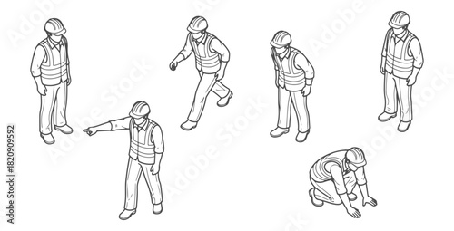 Top view CAD drawing of construction workers. standing, walking, bending slightly, pointing, leaning, crouching. Vector illustration