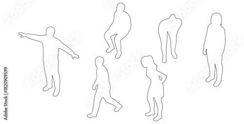 Top view CAD drawing of people outline. standing , sitting, leaning forward, walking, turning slightly, relaxed standing. Vector illustration