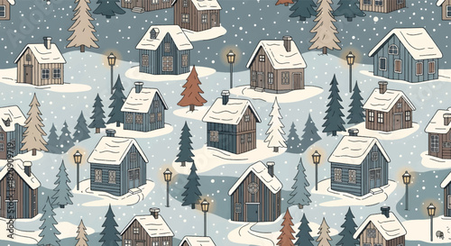 Seamless Winter Village Pattern with Snow-Covered Houses and Pine Trees