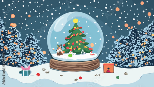 Decorated christmas tree with toys inside magical snow globe