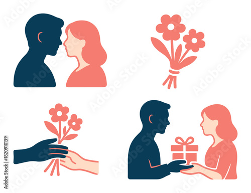 Neon silhouettes of romantic gestures with couples and gifts