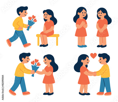 Cartoon couple romance: male and female express love with flowers and affection