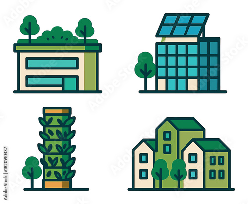 Sustainable urban buildings with green roofs and solar panels