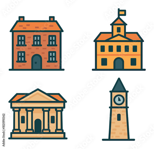 Illustrated collection of iconic buildings featuring house, town hall, museum, clock tower