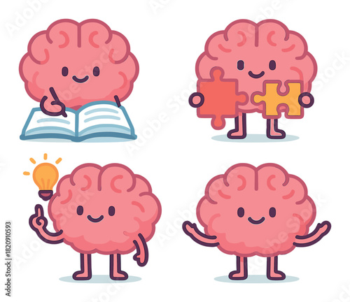 Cartoon brains displaying learning and creativity with books and puzzles
