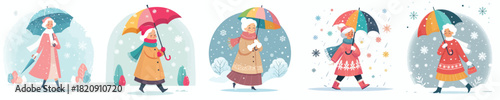 grandmother walking with umbrella in snowy atmosphere