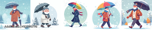 grandfather walking with umbrella in snowy atmosphere
