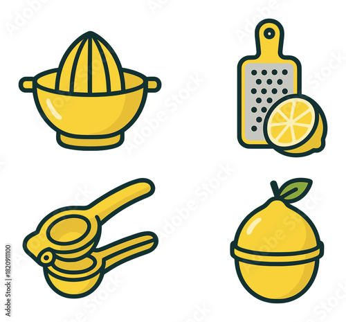 Illustrated lemon-themed kitchen tools: juicer and grater icons in yellow