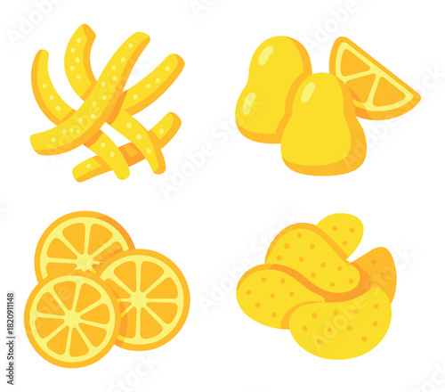 Bright yellow snack and fruit icons with stripes background