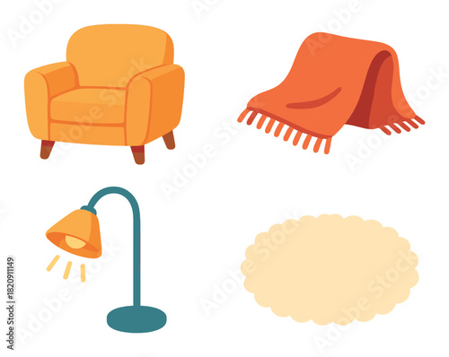 Cozy home essentials in warm lighting - armchair, blanket, lamp, rug