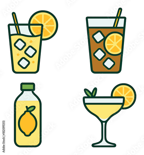 Colorful set of lemonade and iced tea icons with citrus illustrations
