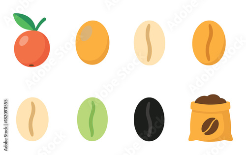 Colorful coffee bean selection with vibrant coffee bag and cherry